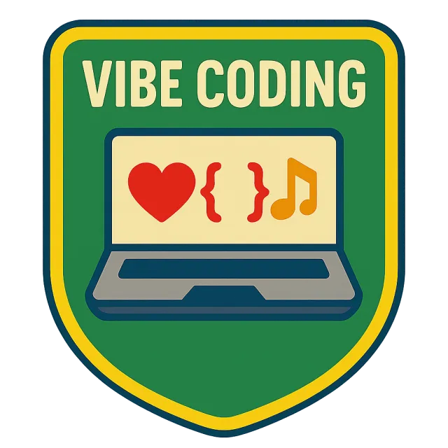 Green shield patch with yellow border, laptop showing heart, coding brackets, music note, and text Vibe Coding.