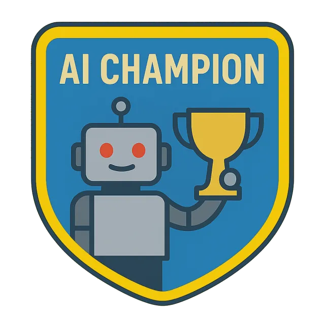 Robot holding a golden trophy with AI CHAMPION text on a blue and yellow shield background.