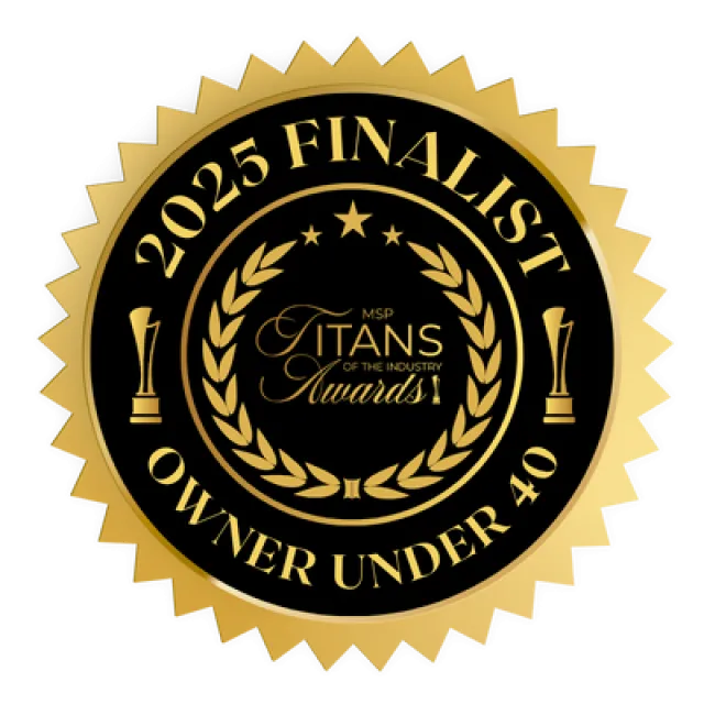 Gold and black 2025 Finalist Owner Under 40 MSP Titans of the Industry Awards seal with laurel wreath and trophy icons.