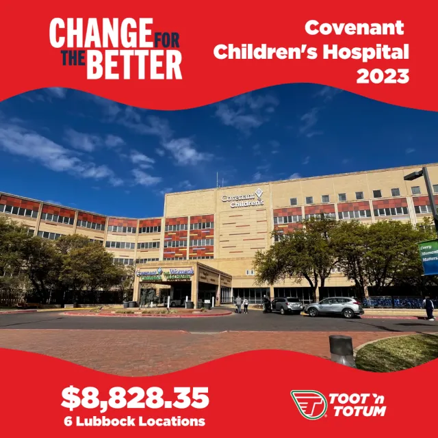 Covenant Children's Hospital in 2023 with fundraising total and Toot'n Totum logo on red background