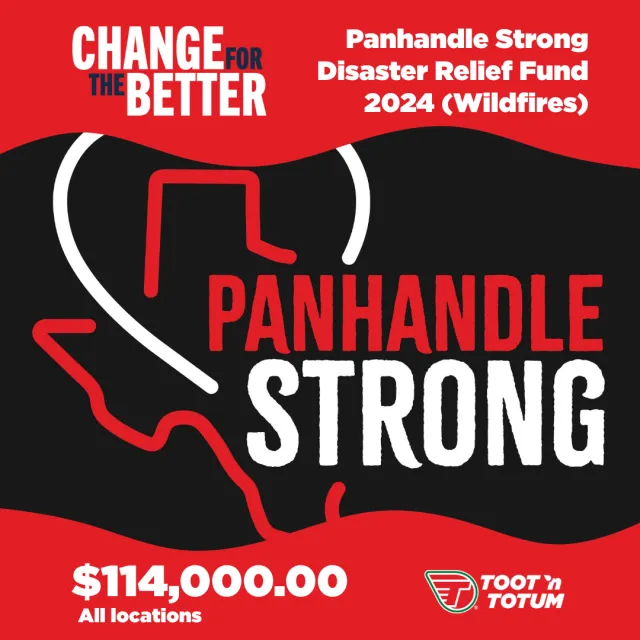Panhandle Strong Disaster Relief Fund 2024 for wildfires with donation amount and Toot'n Totum logo