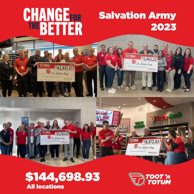 Toot 'n Totum teams present large donation checks to Salvation Army totaling $144,698.93 in a group event.