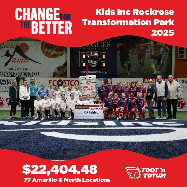 Youth soccer teams and adults pose with a large check for $22,404.48 supporting Kids Inc Rockrose Transformation Park 2025.