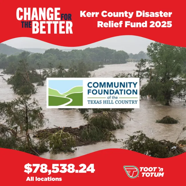 Flooded landscape with submerged trees promoting Kerr County Disaster Relief Fund 2025 by Community Foundation.