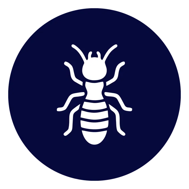 White termite insect icon with antennae and segmented body on dark blue circular background