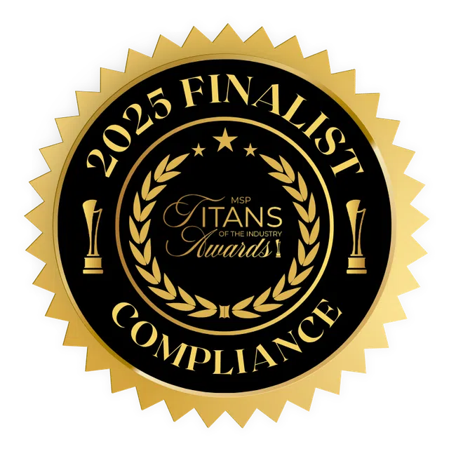 Gold and black circular award badge with overlaid text reading 2025 Finalist Compliance and Titans Awards logo