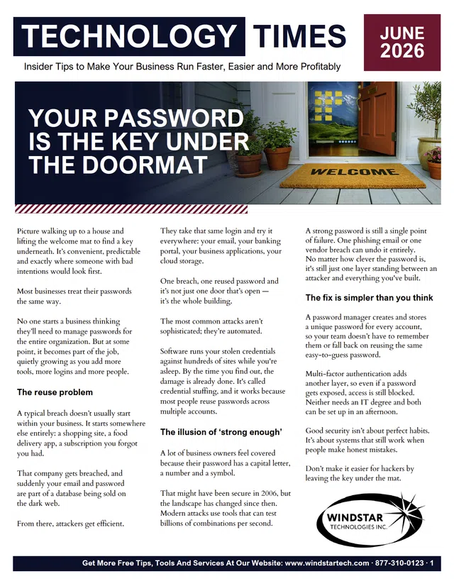 Technology Times magazine cover June 2026 featuring password security advice with welcome mat and door image.