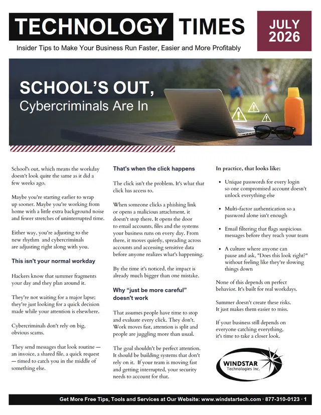 Newsletter cover showing a laptop, sunglasses, sunscreen with text warning about cybercriminal activity during summer breaks.