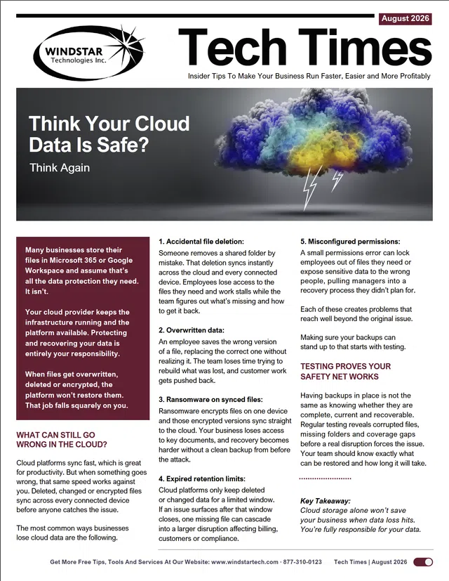 Tech Times cover by Windstar showing cloud data risks with a colorful storm cloud and security warnings.
