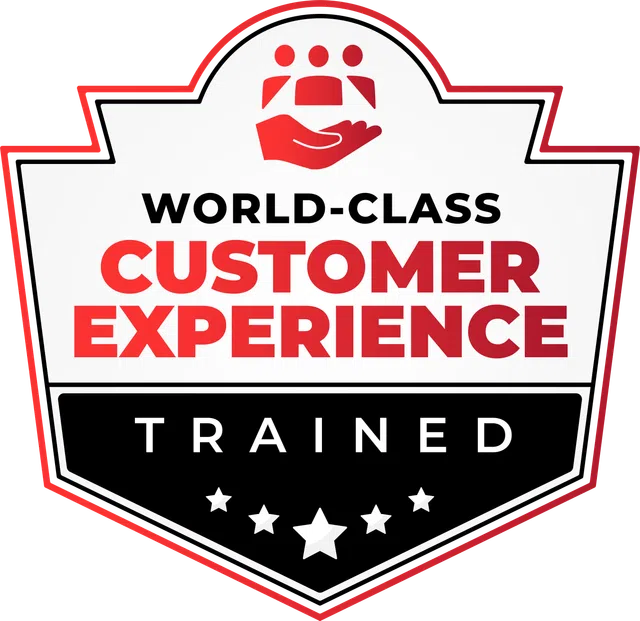 Badge with overlaid text reading World-Class Customer Experience Trained and icons of people and stars.