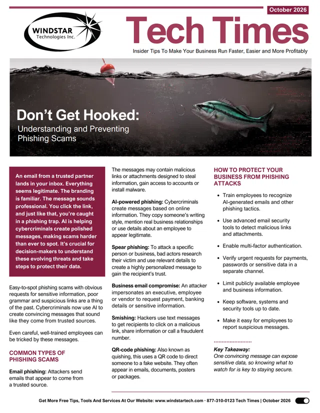 Tech Times cover from October 2026 about preventing phishing scams with a fish and fishing hook visual.