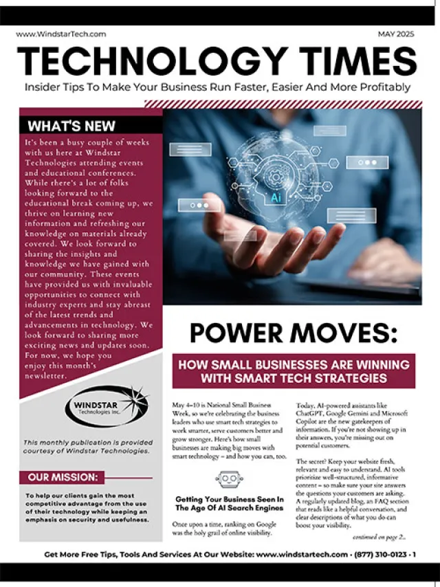 Technology Times newsletter May 2025 cover with AI technology visual and smart tech strategies for small businesses.