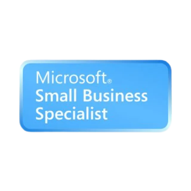 Blue badge with white text reading Microsoft Small Business Specialist on a gradient background
