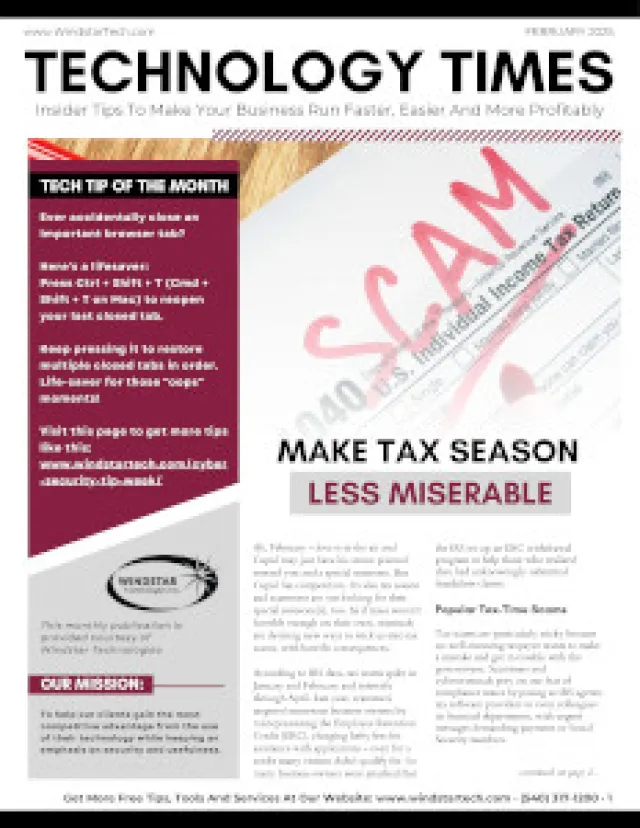 Technology Times cover with tax season tips and a red stamp reading SCAM over a tax form.