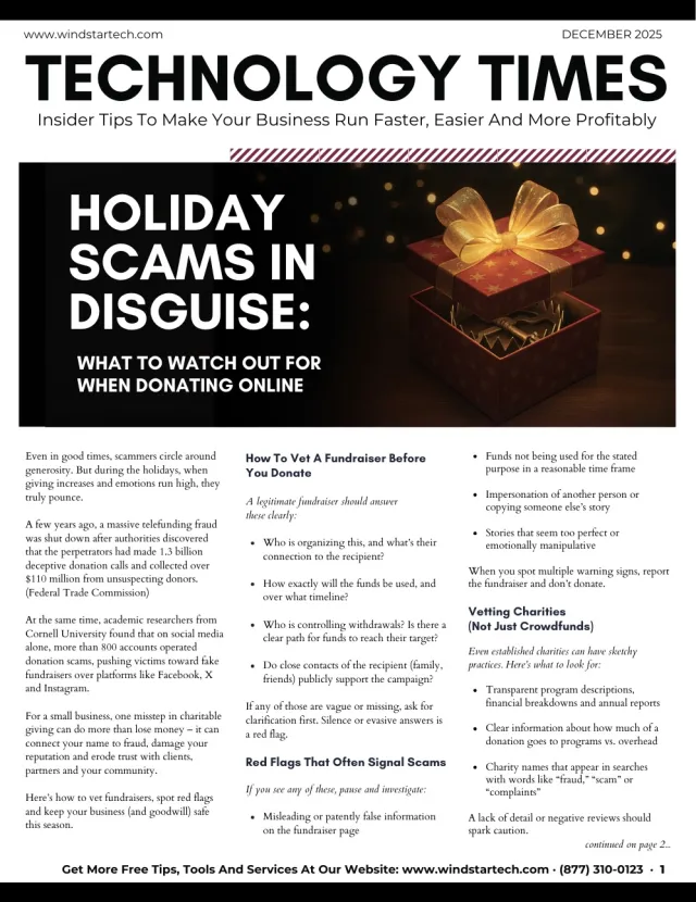 Magazine cover titled Technology Times with tips on avoiding holiday scams and vetting fundraisers, December 2025.
