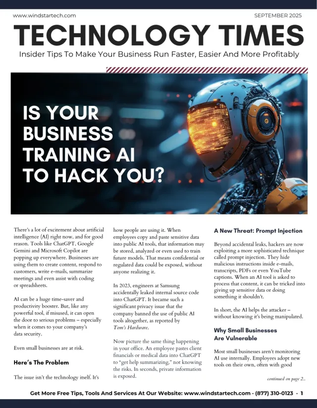 Magazine cover with AI robot and headline asking if your business is training AI to hack you