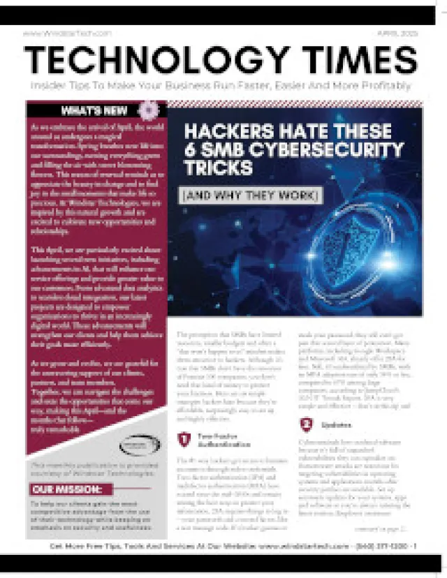 Cover of Technology Times magazine featuring cybersecurity tips for SMBs against hackers with digital shield graphic.