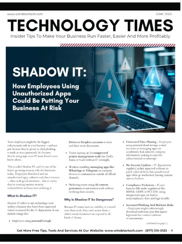 Technology Times cover highlighting risks of Shadow IT with unauthorized apps risking business security.