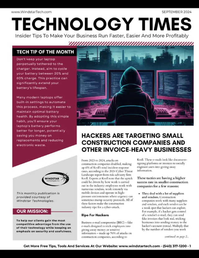 Technology Times September 2024 cover with hacker at computer screens and tech tip for laptop battery care
