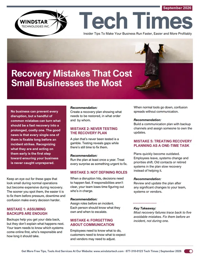 Magazine cover from Windstar Technologies titled Tech Times focused on recovery mistakes for small businesses.