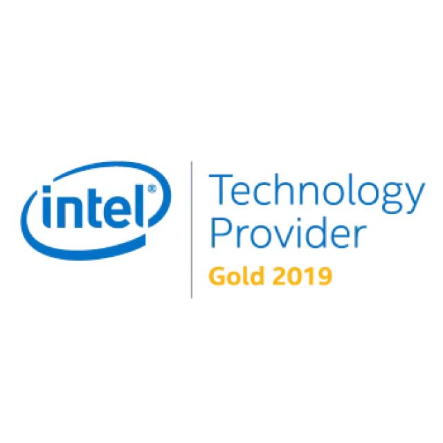 Intel Technology Provider Gold 2019 logo with blue and gold text on a black background