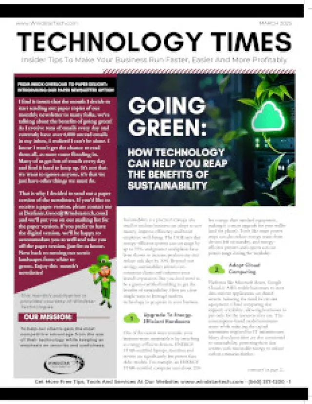 Technology Times magazine cover titled Going Green about technology and sustainability with plant and cloud icons.