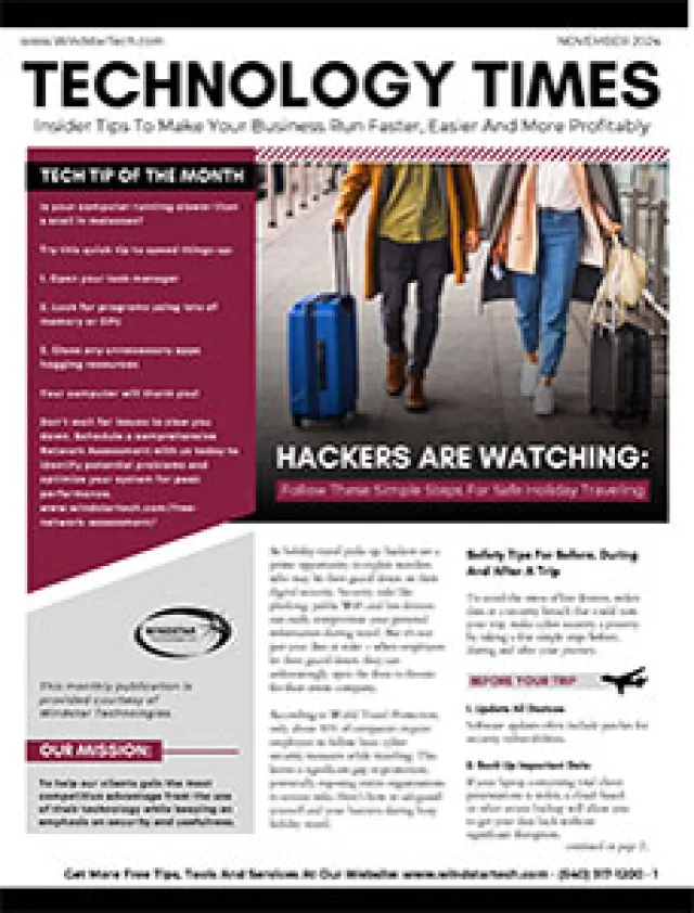 Magazine cover titled Technology Times featuring travel safety tips and cybersecurity warnings for mobile holiday travelers.