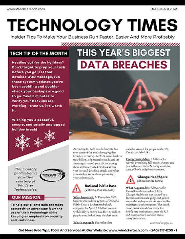 Technology Times cover for December 2024 featuring tech tips and biggest data breaches of the year.