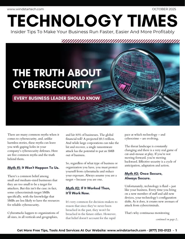 Technology Times magazine cover highlighting key cybersecurity myths business leaders must know with magnifying glass focus.