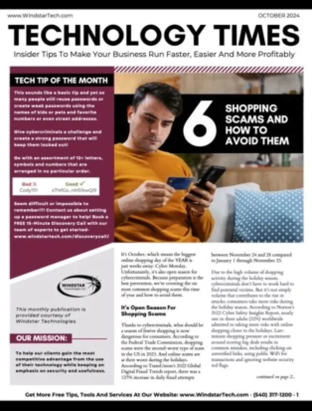 Technology Times magazine cover featuring a man using a smartphone and highlighting six shopping scams to avoid.
