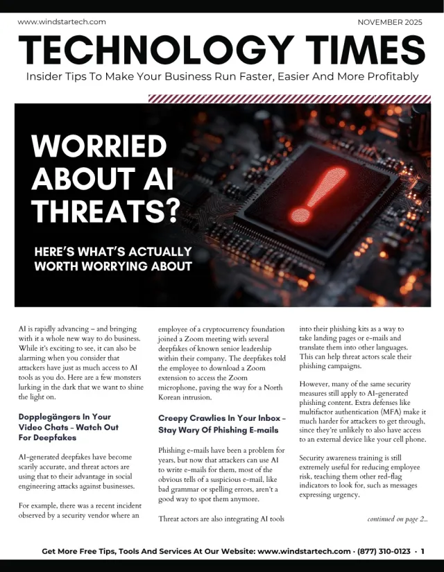 Technology Times magazine cover highlighting AI threat concerns with a red exclamation on a microchip background.