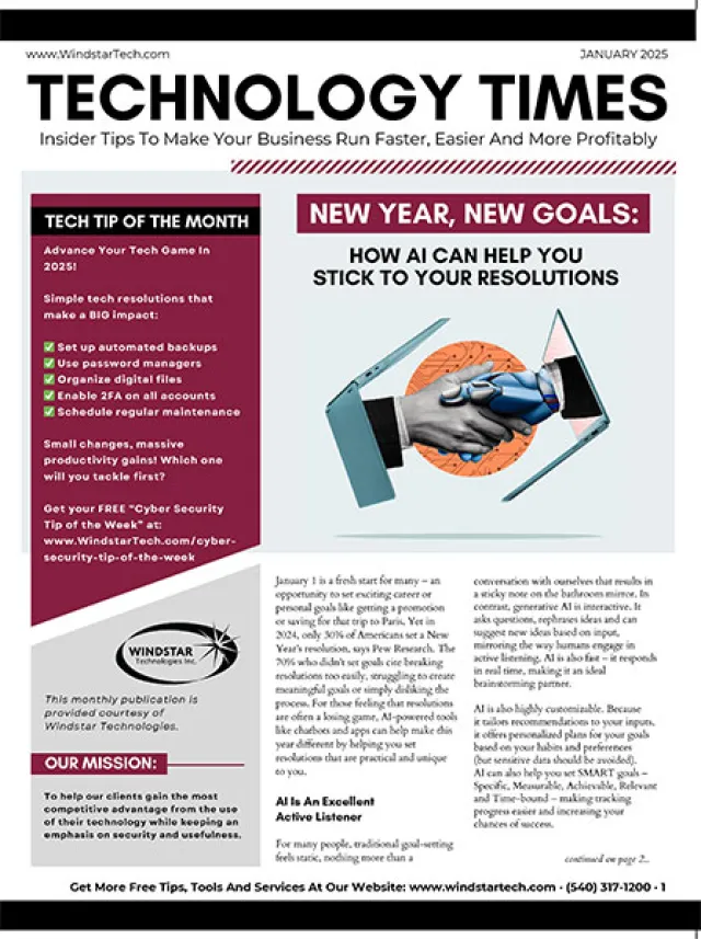Technology Times January 2025 issue focused on AI helping new year resolutions and essential tech tips for productivity.