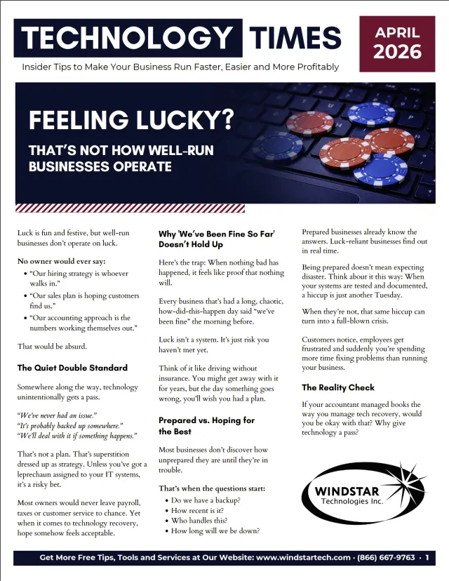 Technology Times April 2026 cover featuring a headline about business luck and technology management with poker chips on a keyboard.