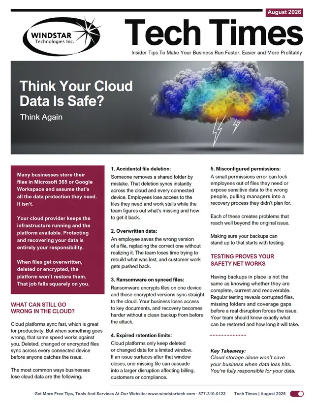 Tech Times cover by Windstar showing cloud data risks with a colorful storm cloud and security warnings.