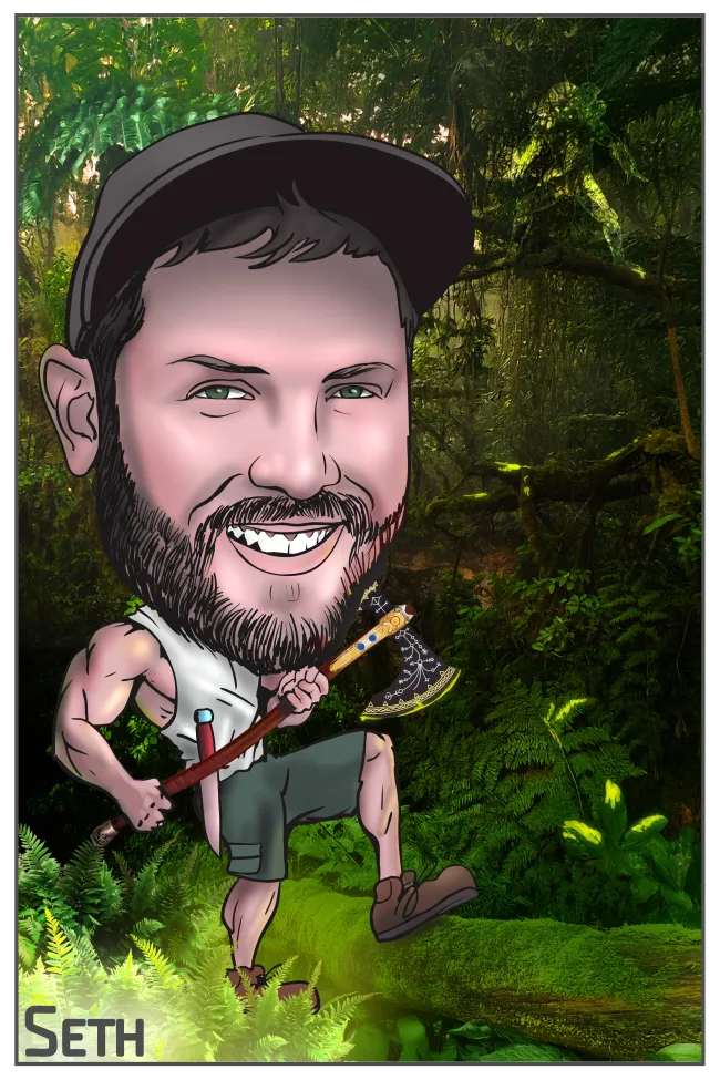 Caricature of a muscular man named Seth with an axe in a vibrant jungle setting.