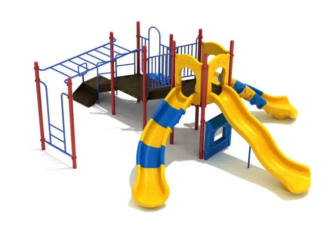 Colorful playground set with slides, climbing bars, and platforms designed for children's outdoor play.