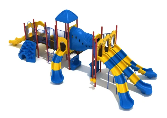 Colorful blue and yellow children playground with slides, climbing wall, and tunnels on white background