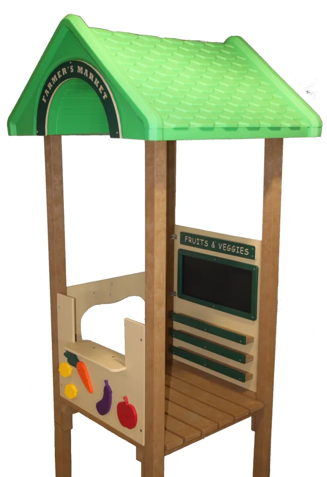 a wooden birdhouse with a green awning