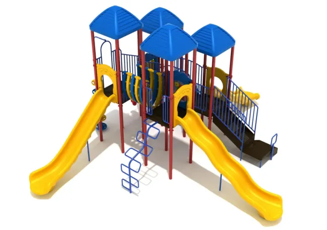 Colorful playground structure with yellow slides, blue roofs, climbing ladders, and connecting bridges on white background.