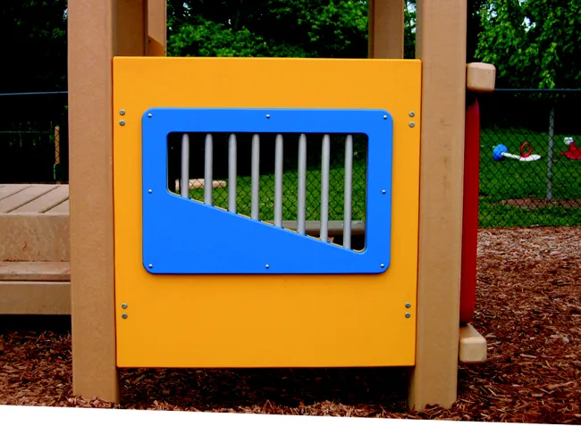 a blue and yellow playground slide