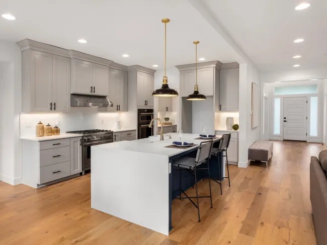 a kitchen with a dining table