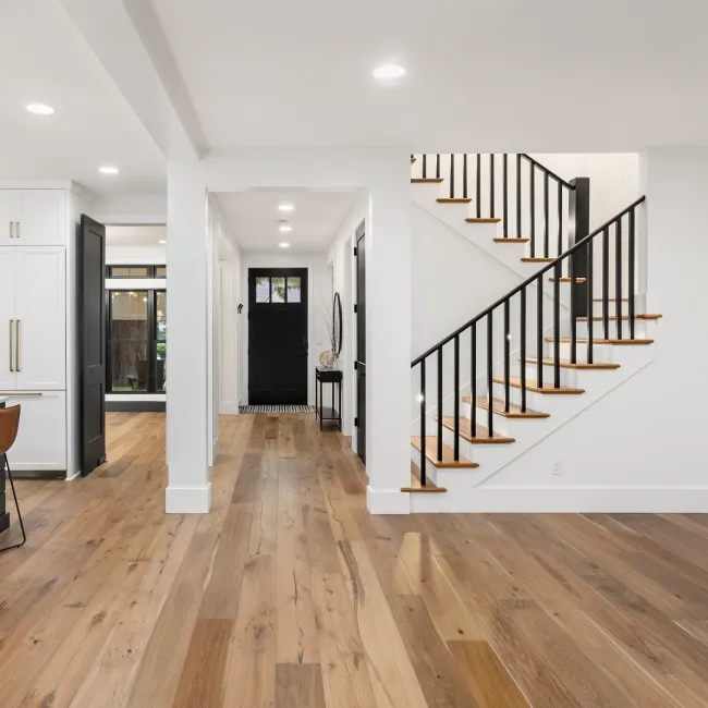 a kitchen with a wood floor