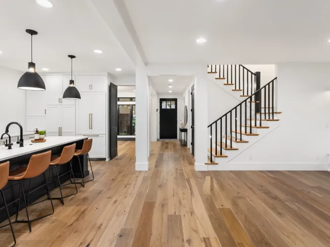 a kitchen with a wood floor