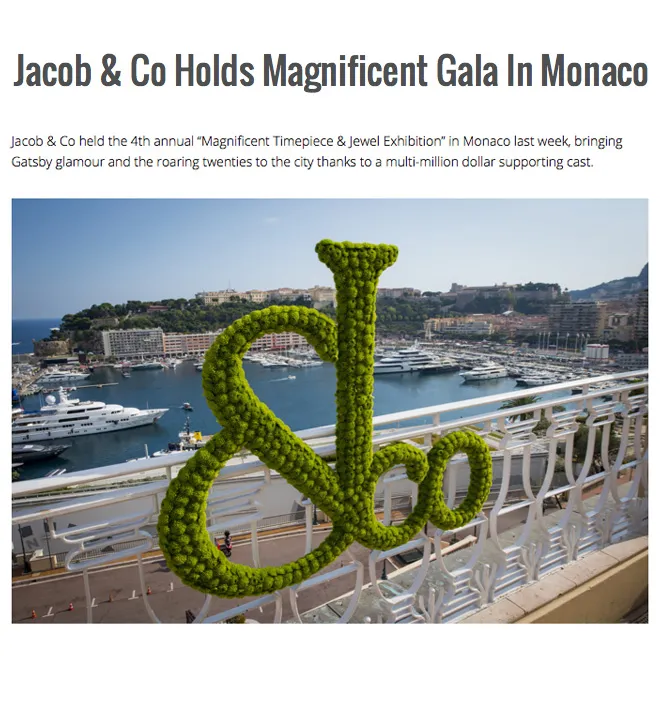 JACOB & CO. ANNUAL TIMEPIECE AND JEWELRY EXHIBITION IN MONTE CARLO