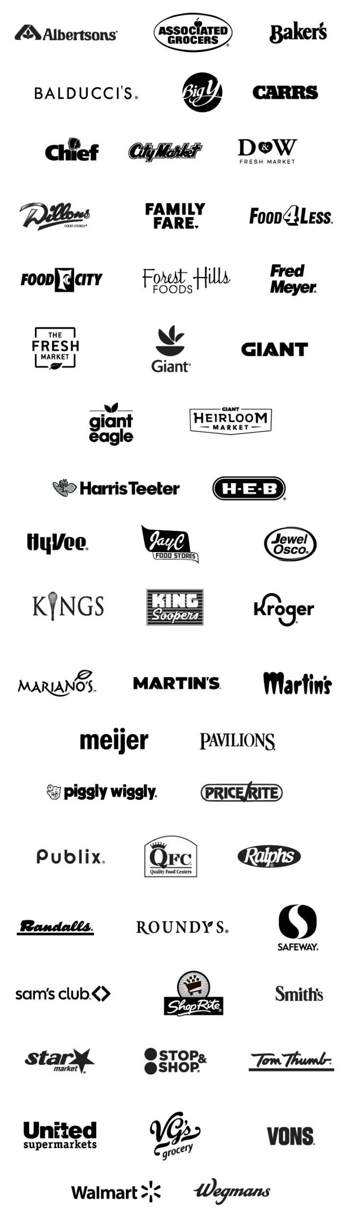 Grid of various black and white supermarket chain logos including Albertsons, Kroger, Walmart, Safeway, and more.