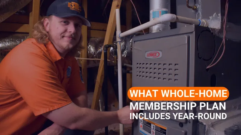 Technician in orange uniform services a Lennox furnace in a home attic with text about a whole-home membership plan.