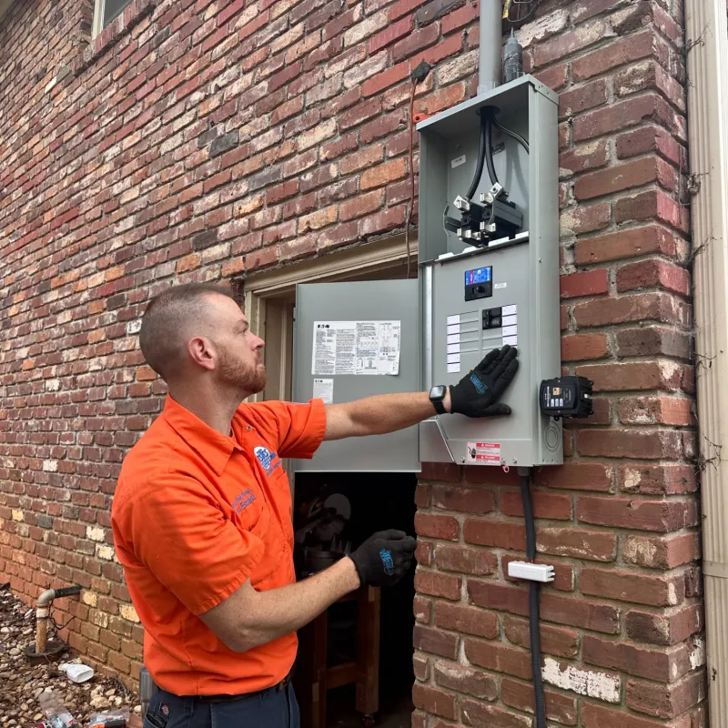 Electrician in orange shirt inspecting electrical panel mounted on outdoor brick wall during daytime.