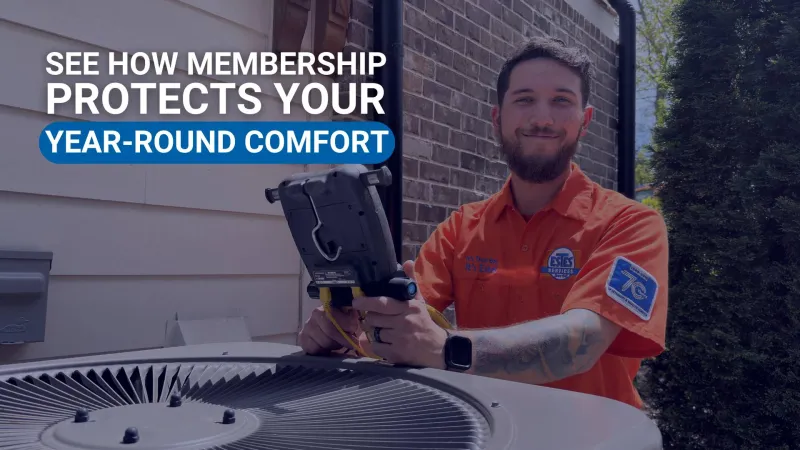 Estes Technician in orange uniform servicing an air conditioning unit with membership benefits text overlay.