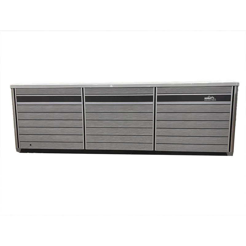Large rectangular gray and black storage cabinet with three compartments and horizontal panel design