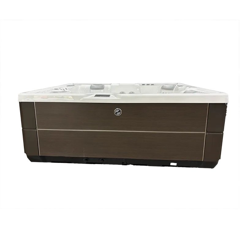 Modern rectangular hot tub with white interior and brown exterior panels isolated on black background.